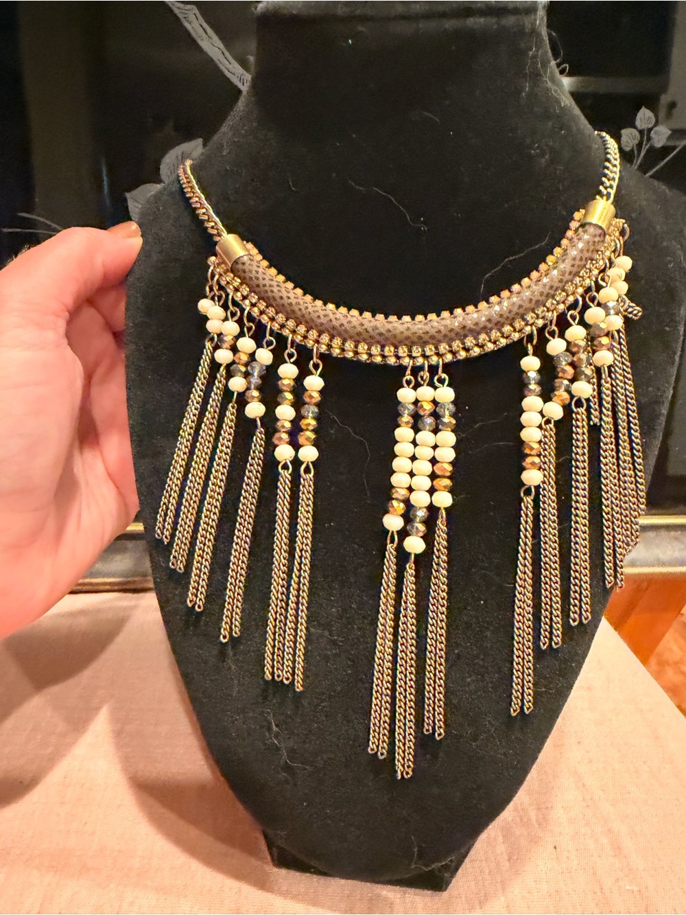 Beaded Fringe Statement Necklace - Gold and Cream